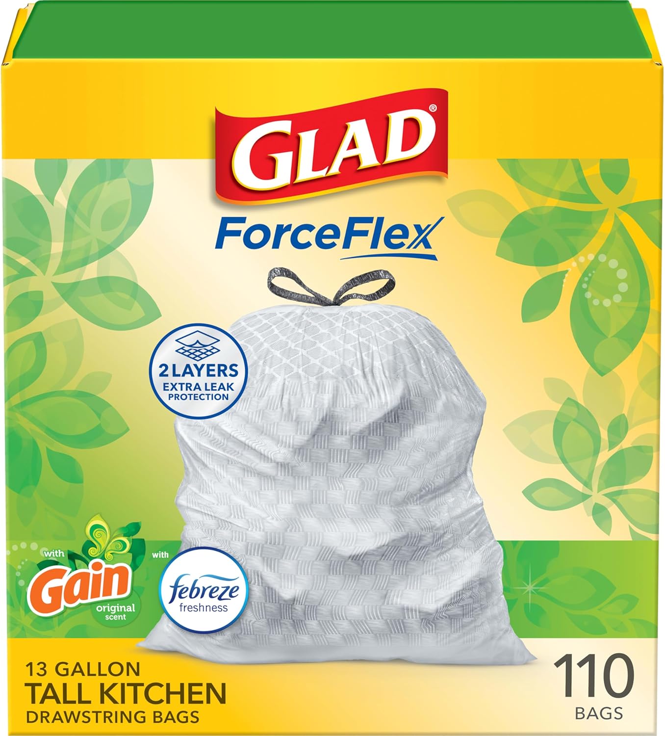 Glad ForceFlex Tall Kitchen Trash Bags, 13 Gal, Gain Original with Febreze, 110 Ct (Pack May Vary)