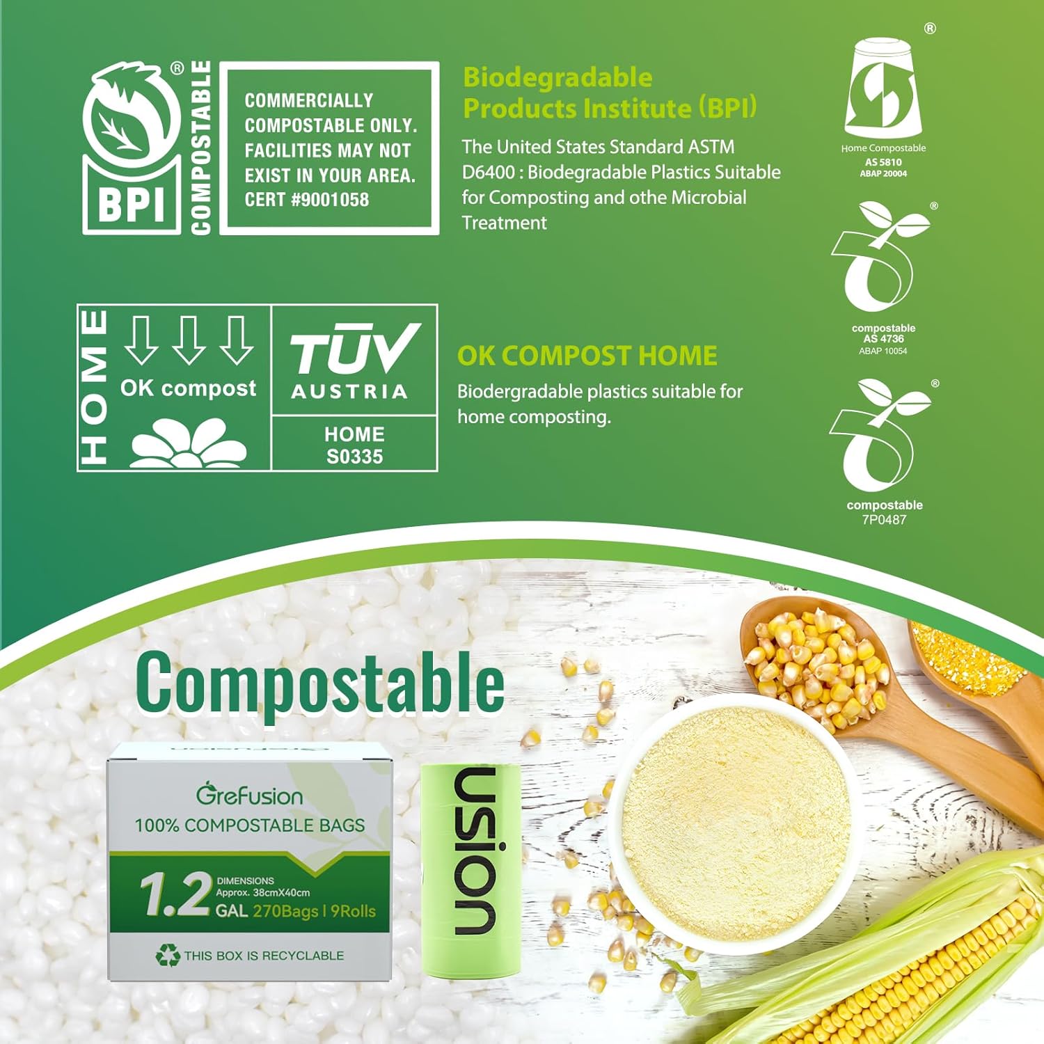 Compostable Bags for Kitchen Compost Bin, 1.2 Gallon, 125 Count, Certified by BPI and ASTM, Leakproof and Odor Control