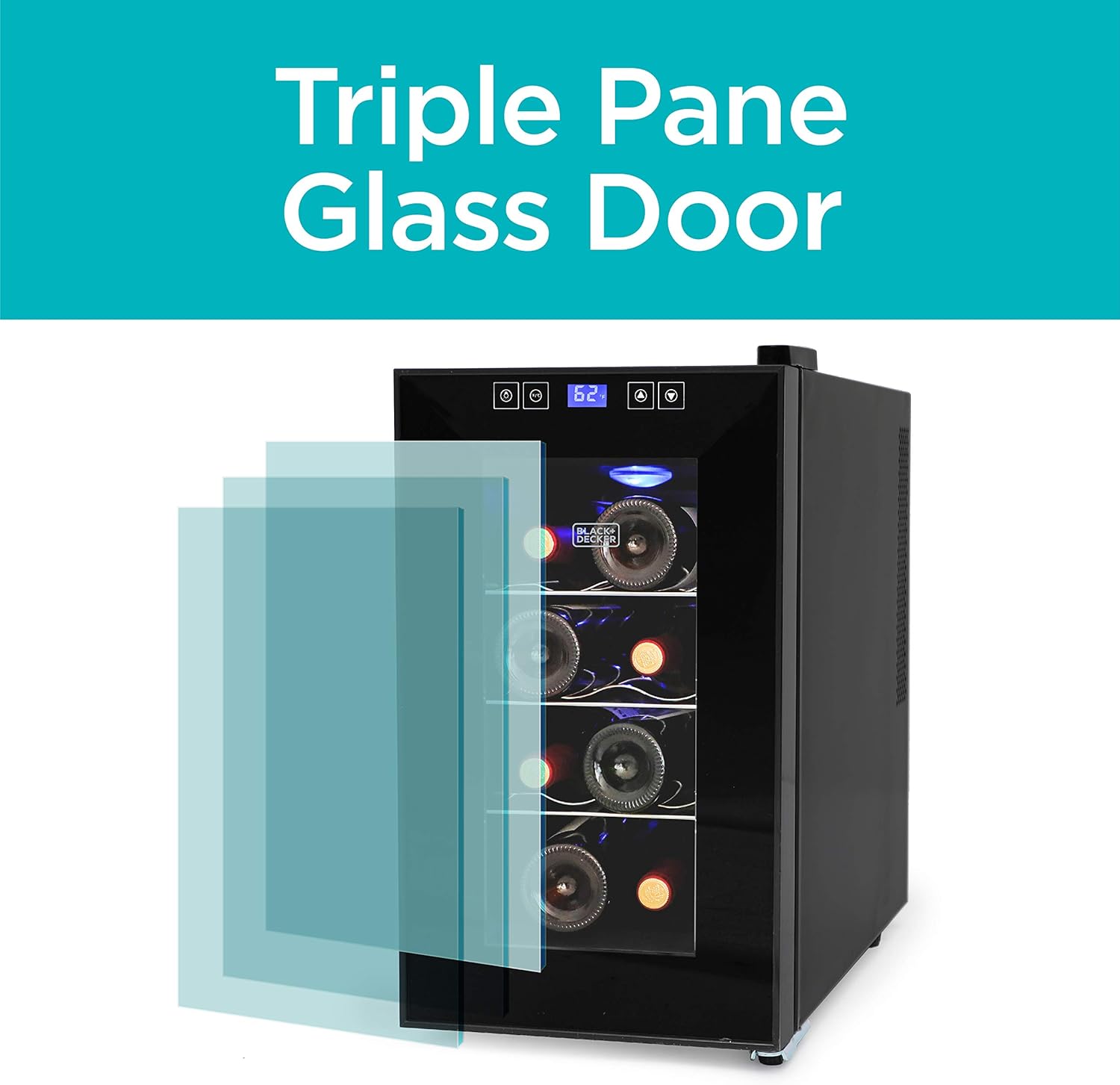 BLACK+DECKER Wine Fridge 12 Bottles, Thermoelectric Wine Cooler Refrigerator with Mirrored Front, Freestanding 12 Bottle Wine Fridge, BD60336