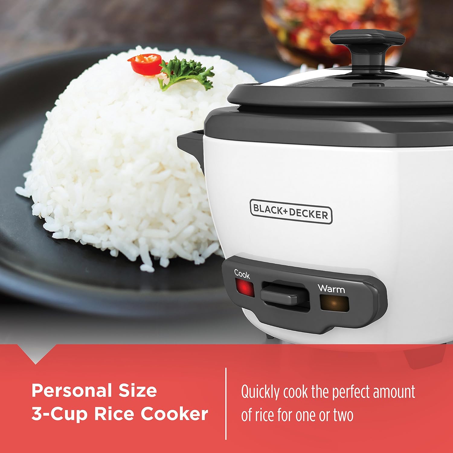 BLACK+DECKER 6-Cup Rice Cooker, RC506, 3-cup Uncooked Rice, Steaming Basket, Removable Non-Stick Bowl, One Touch