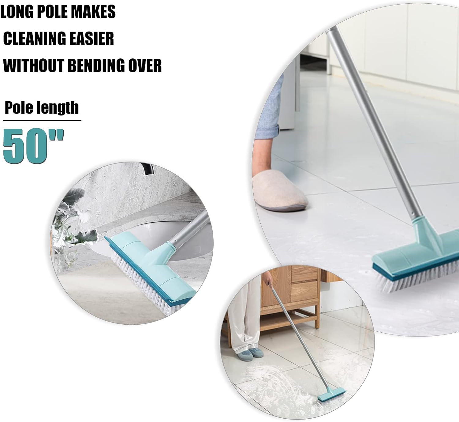 BOOMJOY Floor Scrub Brush with Long Handle, 2 in 1 Scrape and Brush, Stiff Bristles Floor Scrubber, Deck Brush for Cleaning Bathroom, Patio, Garage, Kitchen, Bath, Tile