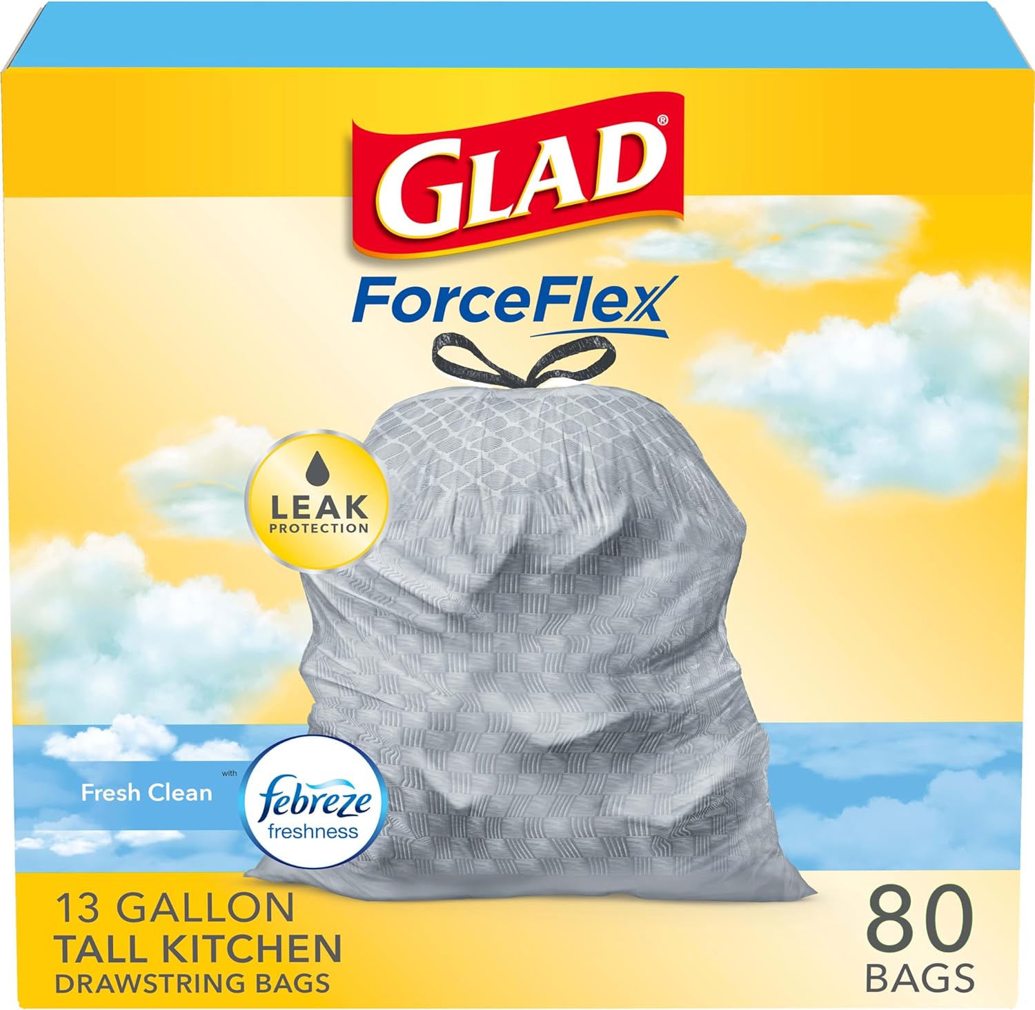 Glad Tall Kitchen Drawstring Trash Bags - Odorshield 13 Gallon White Trash Bag, Febreze Fresh Clean, 110 Count