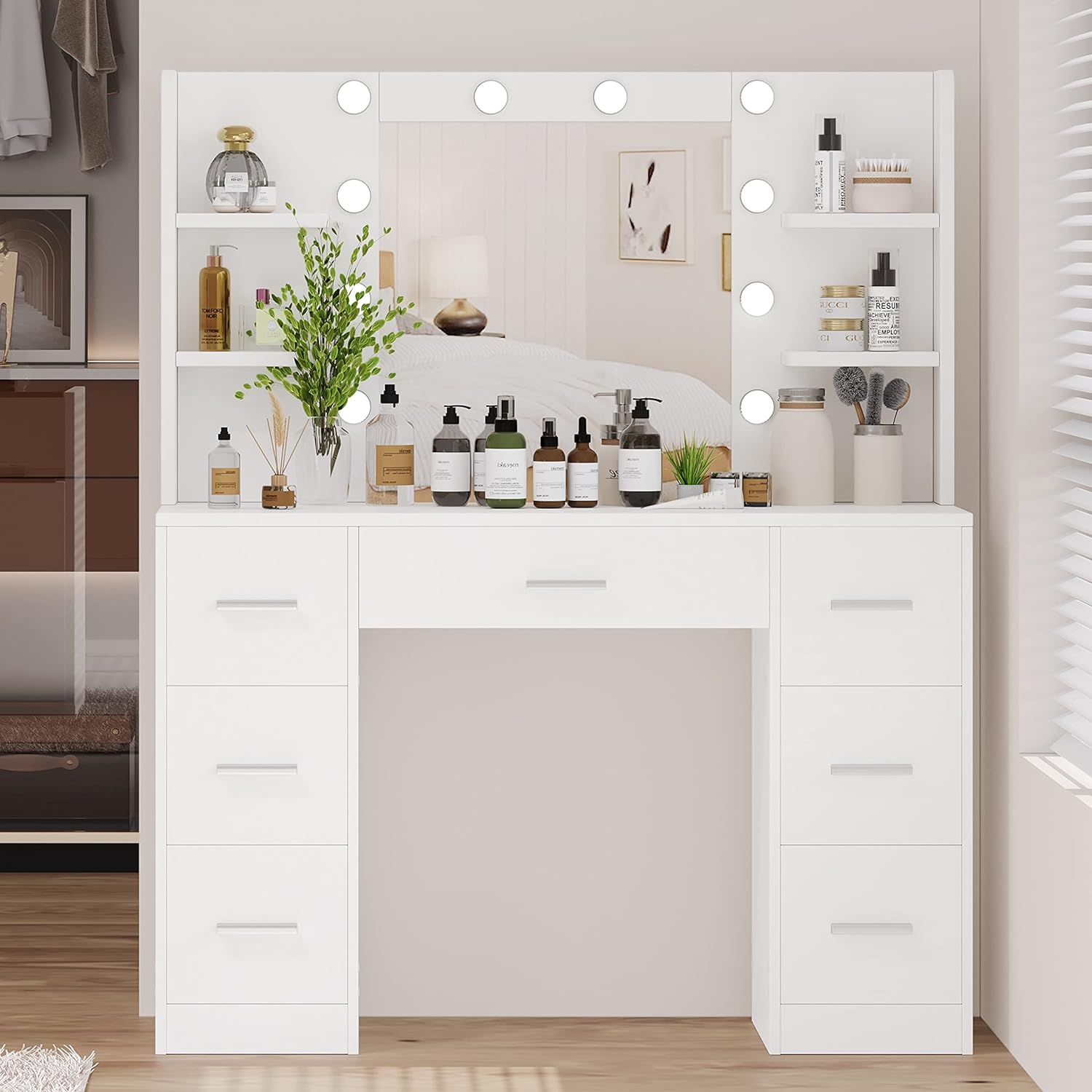 Irontar Vanity Desk, Makeup Vanity with 10 LED Lights & 7 Metal Sliding Drawers, Brightness Adjustable, Vanity Table with 6 Open Shelves, Bedroom Makeup Table for Women Girls, White WDT005W