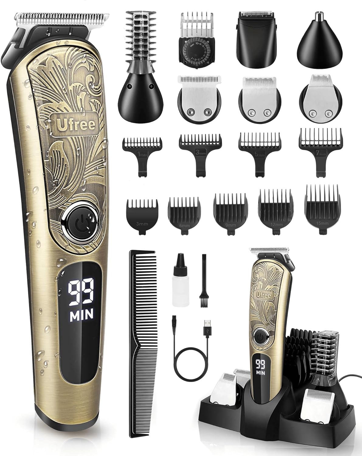 Ufree Beard Trimmer for Men, Waterproof Electric Razor for Nose, Body, Face and Mustache, Cordless Hair Clippers Shavers for Men Grooming Kit, Gifts for Men Husband Father