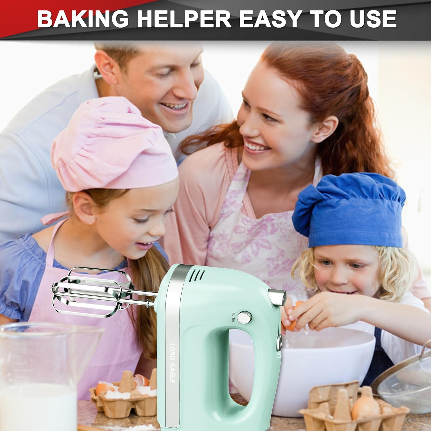 Lord Eagle Hand Mixer Electric, 400W Power handheld Mixer for Baking Cake Egg Cream Food Beater, Turbo Boost/Self-Control Speed + 5 Speed + Eject Button + 5 Stainless Steel Accessories (White)