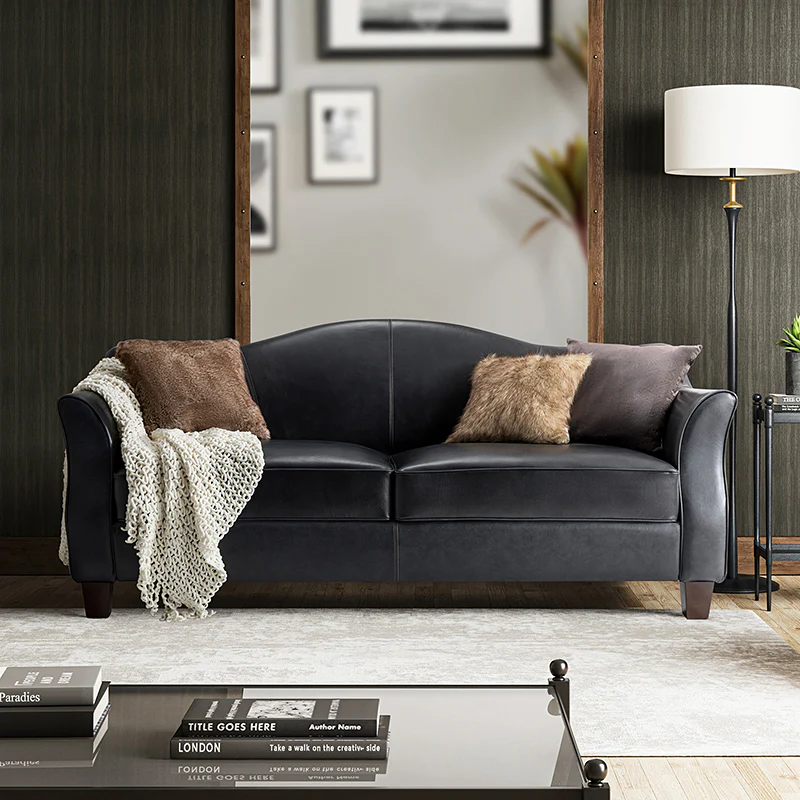 Hugo Traditional Style Curved Genuine Leather Elegant Sofa