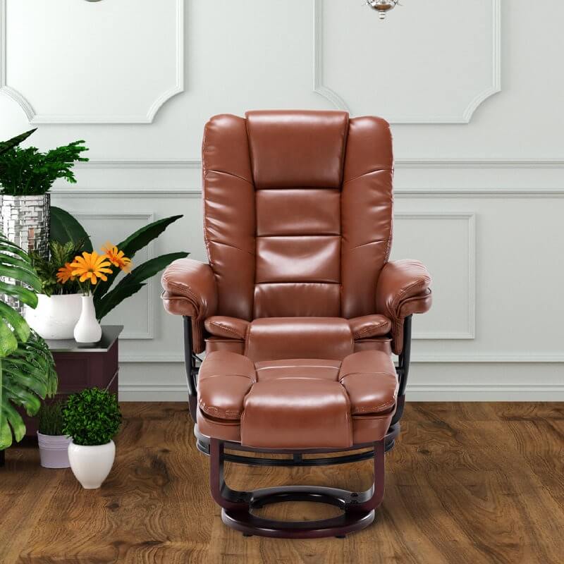 Contemporary Multi-Position Recliner and Curved Ottoman with Swivel Base