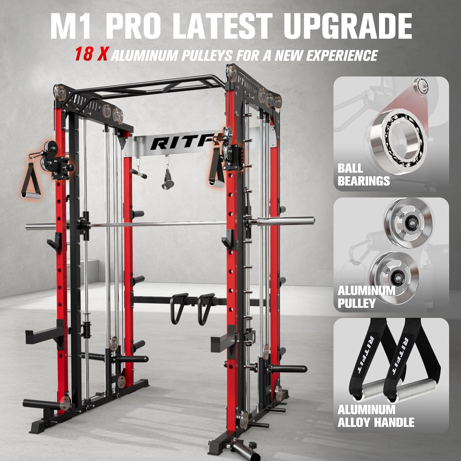 RitFit M1 & M1 Pro Smith Machine with Cable Crossover System, Multi-Function Squat Rack Power Cage for Home Gym, Power Rack and Packages