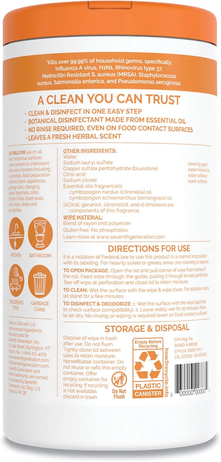 Seventh Generation Disinfecting Multi-Surface Wipes, Pack of 3, Lemongrass Citrus, 70 Count