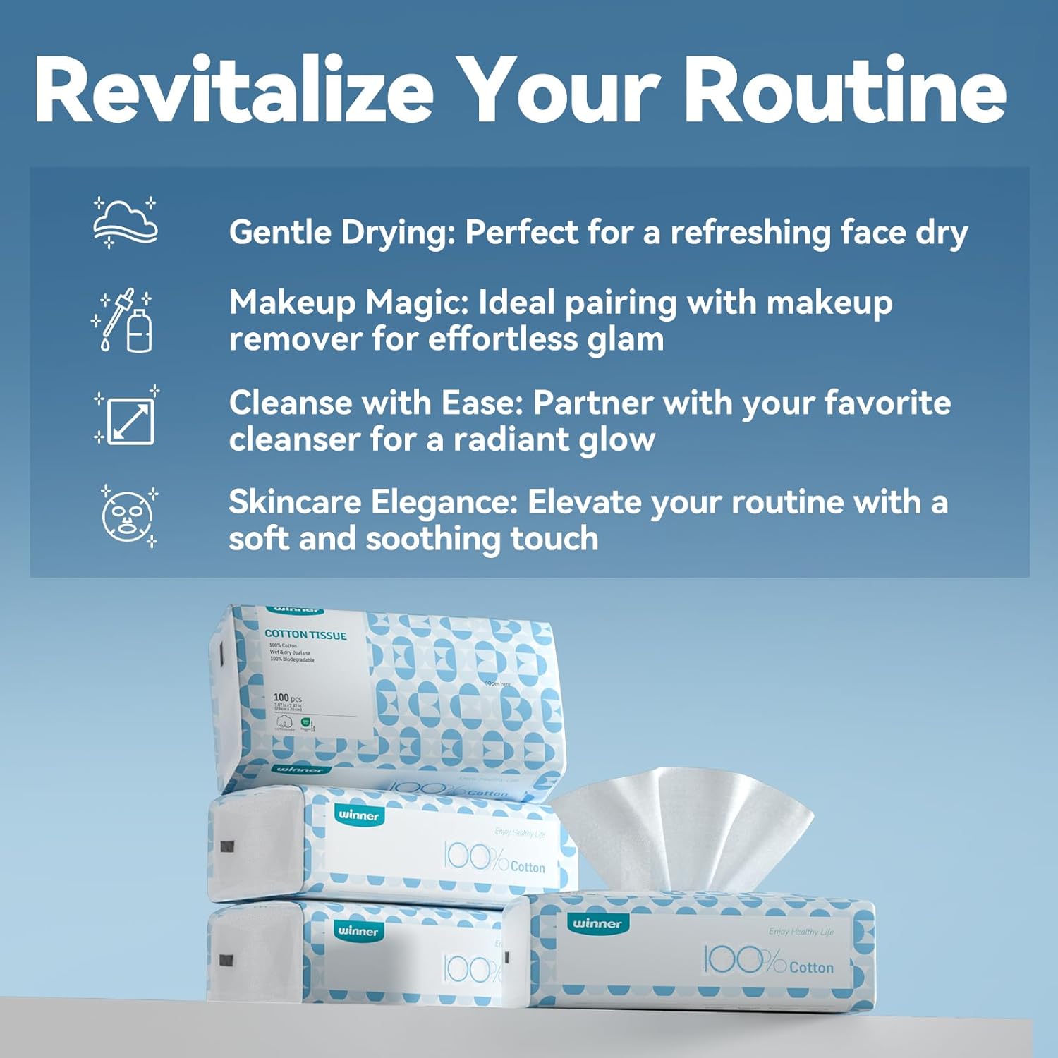 Winner Soft Face Towels - 100% USA Cotton Dry Wipes, 600 Count Unscented Cotton Tissues for Sensitive Skin, OEKO-TEX Certified Face Towelettes Disposable, Makeup Remover Facial Towels, 6 Pack