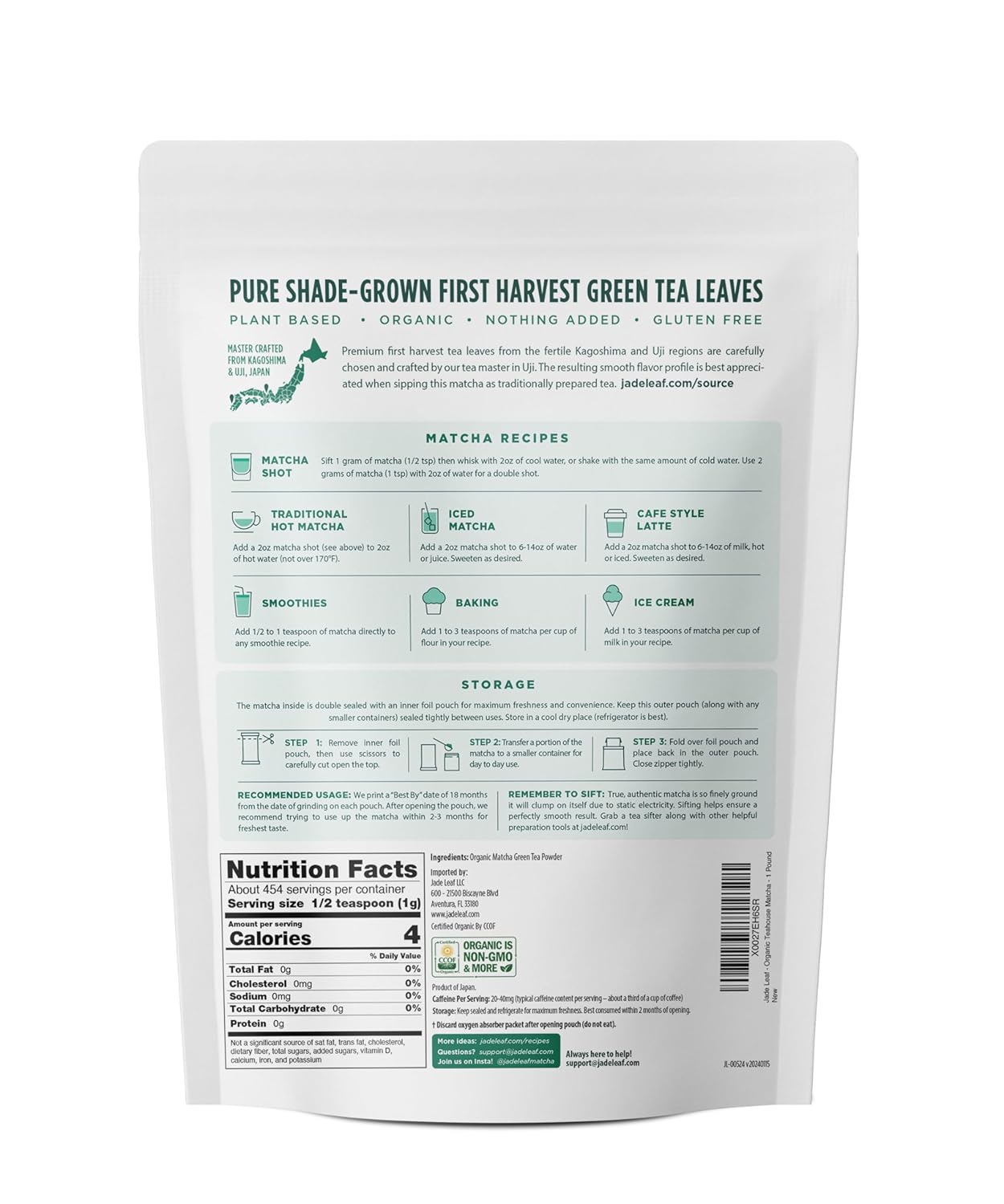 Jade Leaf Matcha Organic Green Tea Powder - Culinary Grade Premium Second Harvest - Authentic Japanese Origin (1.06 Ounce Pouch)