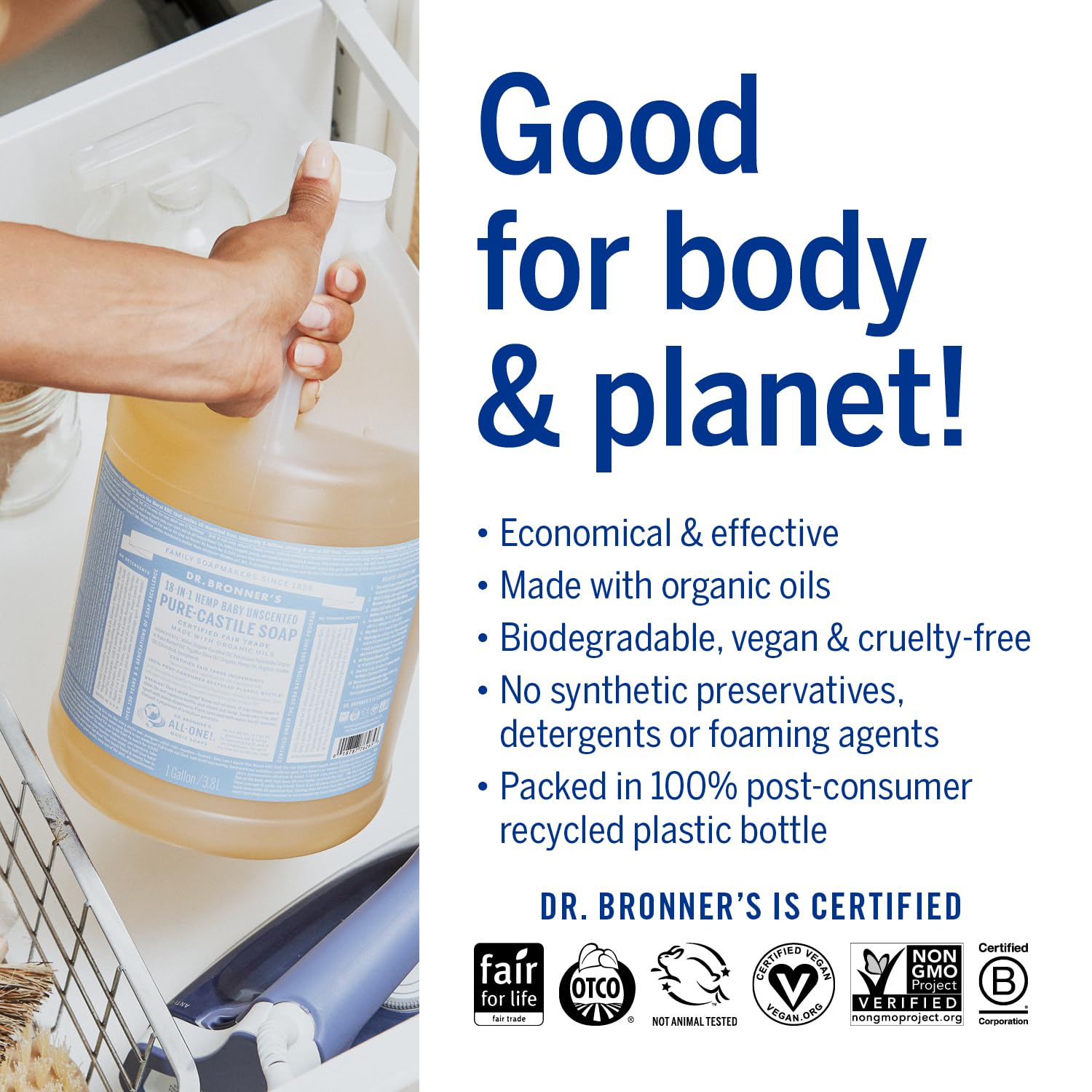 Dr. Bronner's - Pure-Castile Liquid Soap (Baby Unscented, 8 Ounce) - Made with Organic Oils, 18-in-1 Uses: Face, Hair, Laundry, Dishes, For Sensitive Skin, Babies, No Added Fragrance, Vegan, Non-GMO