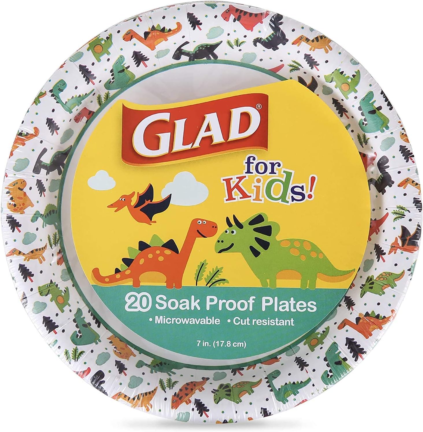 Glad for Kids Dinosaur Design Disposable Paper Plates, 7-Inch, Soak Proof & Microwavable Kid Paper Plates - Perfect for Kids Birthday Parties, Dinosaur Party Supplies - 20 Count Party Plates