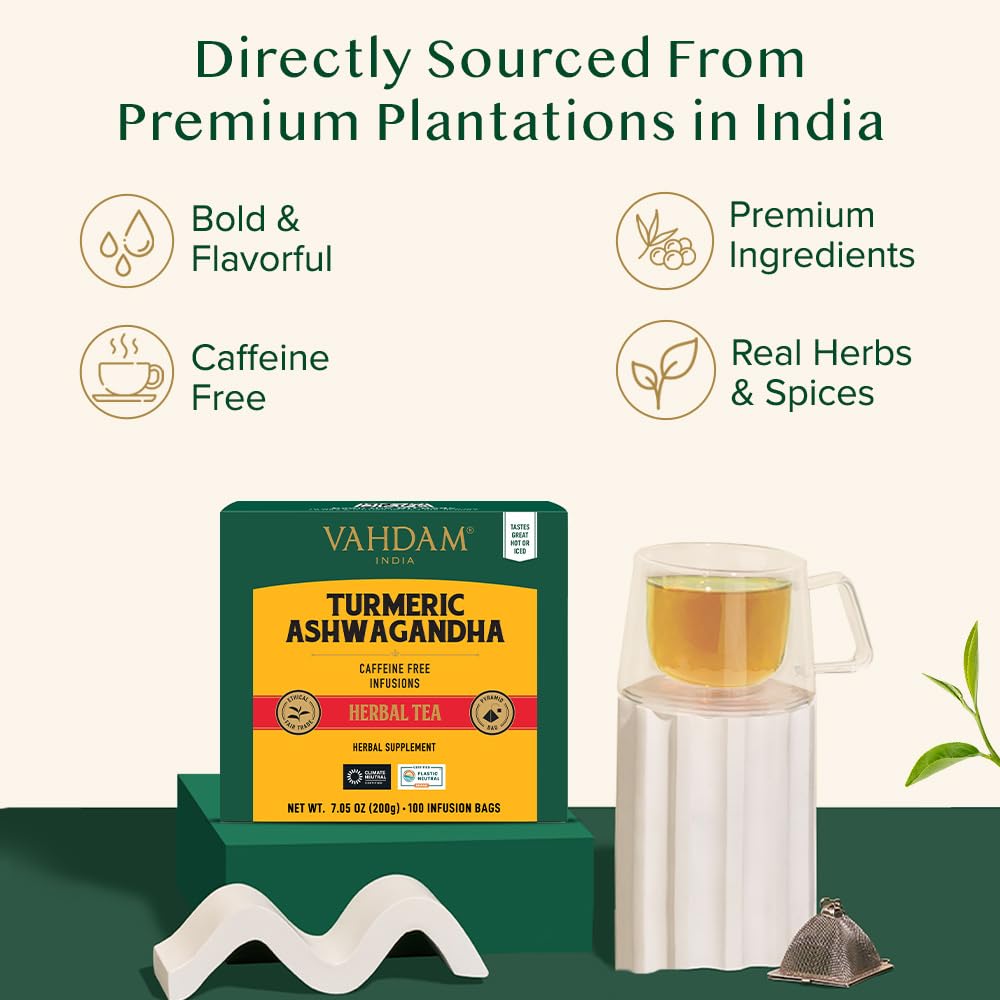 VAHDAM, Organic Turmeric Ginger Herbal Tea Bags (100 Pyramid Tea Bags) Caffeine Free, Non GMO, Gluten Free | 100% Pure Herbal Blend - Savory & Spicy | Plant-Based Tea Bags | Resealable Ziplock Pouch
