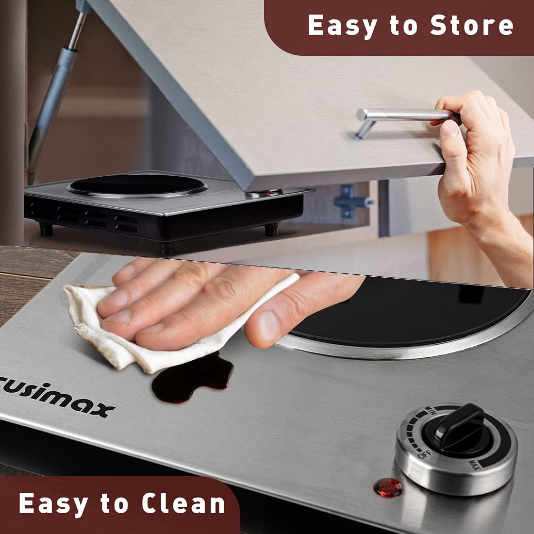 CUSIMAX 1800W Ceramic Electric Hot Plate for Cooking, Dual Control Infrared Cooktop, Double Burner, Portable Countertop Burner, Glass Plate Electric Cooktop, Silver, Stainless Steel-Upgraded Version