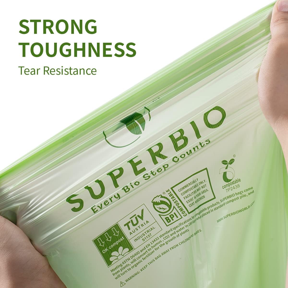 SUPERBIO 1.6 Gallon Handle Tie Compostable Food Scrap Bags For Counter Top Compost Bin, Small Compost Bags, 50 Count, 6 Liter, BPI & OK compost INDUSTRIAL Certified