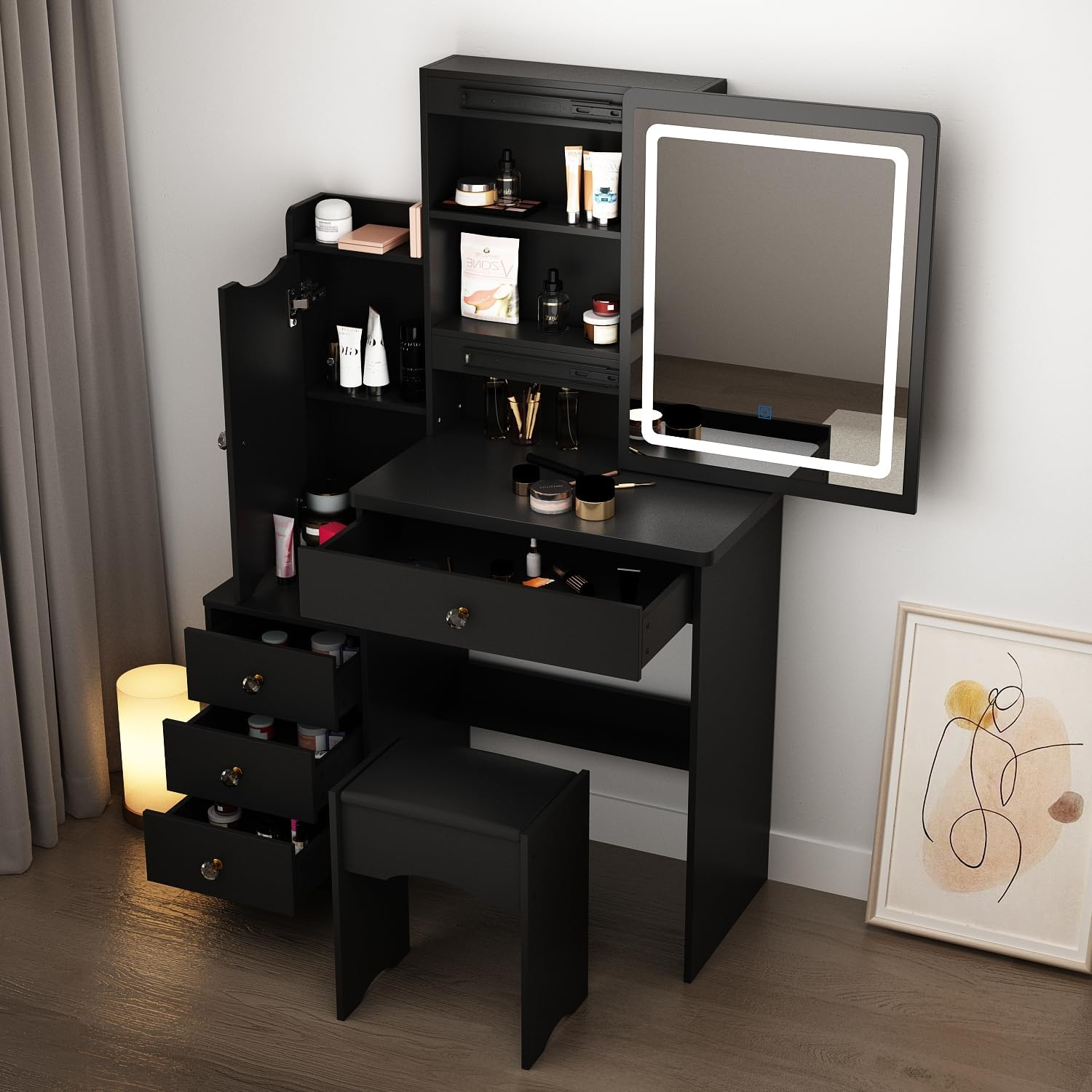 PREMTURE Dressing Table with LED Lighting, Cosmetic Table with Open Shelf and 4 Drawers, Dressing Table with Stool, Dressing Tables, Large Storage Space, MDF, 90 W x 40 D x 135 H cm