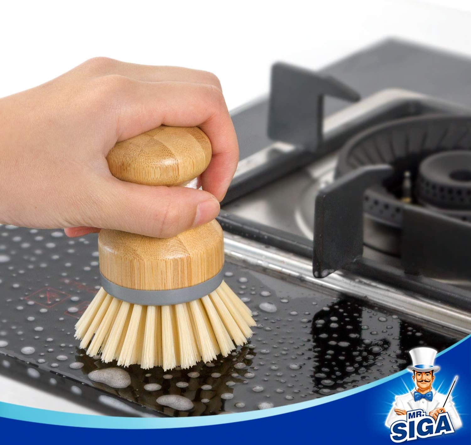 MR.SIGA Dish Brush with Bamboo Handle Built-in Scraper, Scrub Brush for Pans, Pots, Kitchen Sink Cleaning, Pack of 2