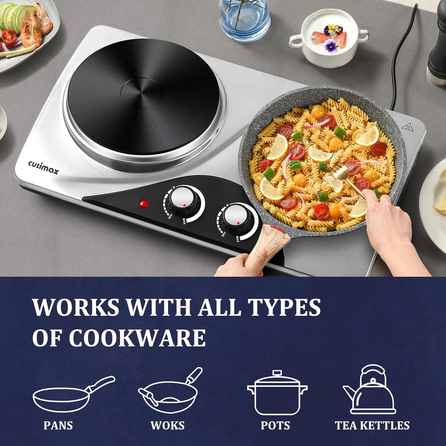 CUSIMAX Electric Hot Plate for Cooking Portable Single Burner 1500W Cast Iron hot plates Heat-up in Seconds Adjustable Temperature Control Stainless Steel Non-Slip Rubber Feet Upgraded Version B101