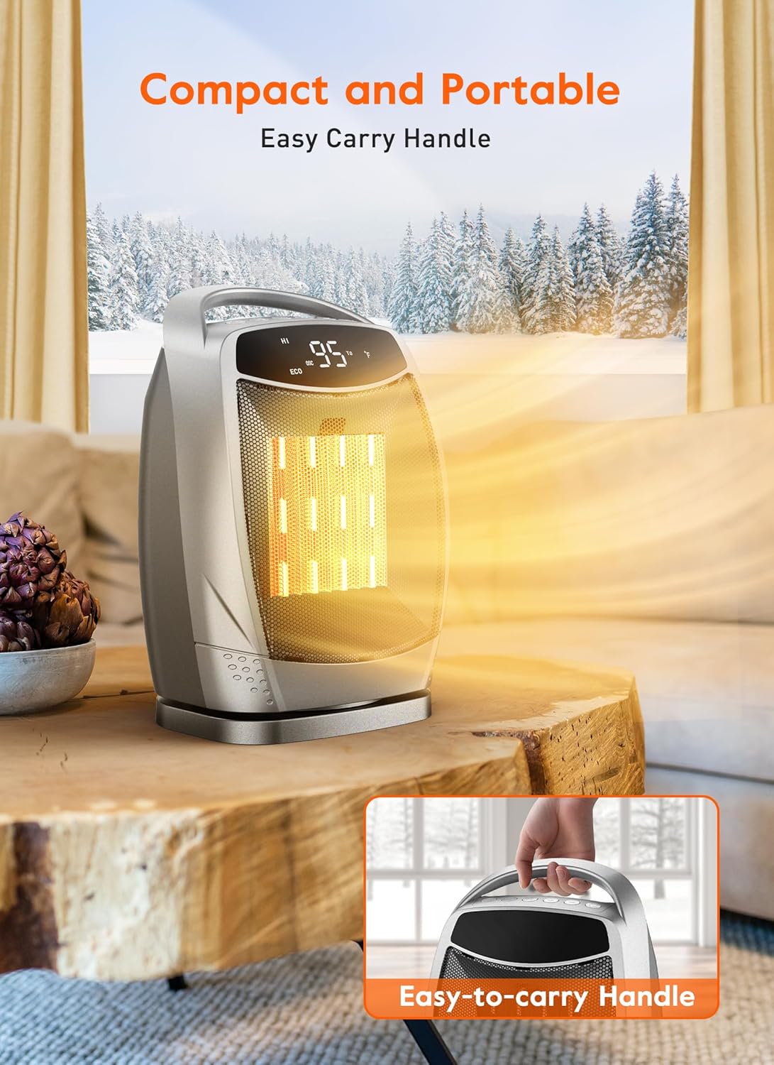 GiveBest Portable Electric Space Heater with Thermostat, 1500W/750W Safe and Quiet Ceramic Heater Fan, Heat Up 200 Square Feet for Office Room Desk Indoor Use, Silver