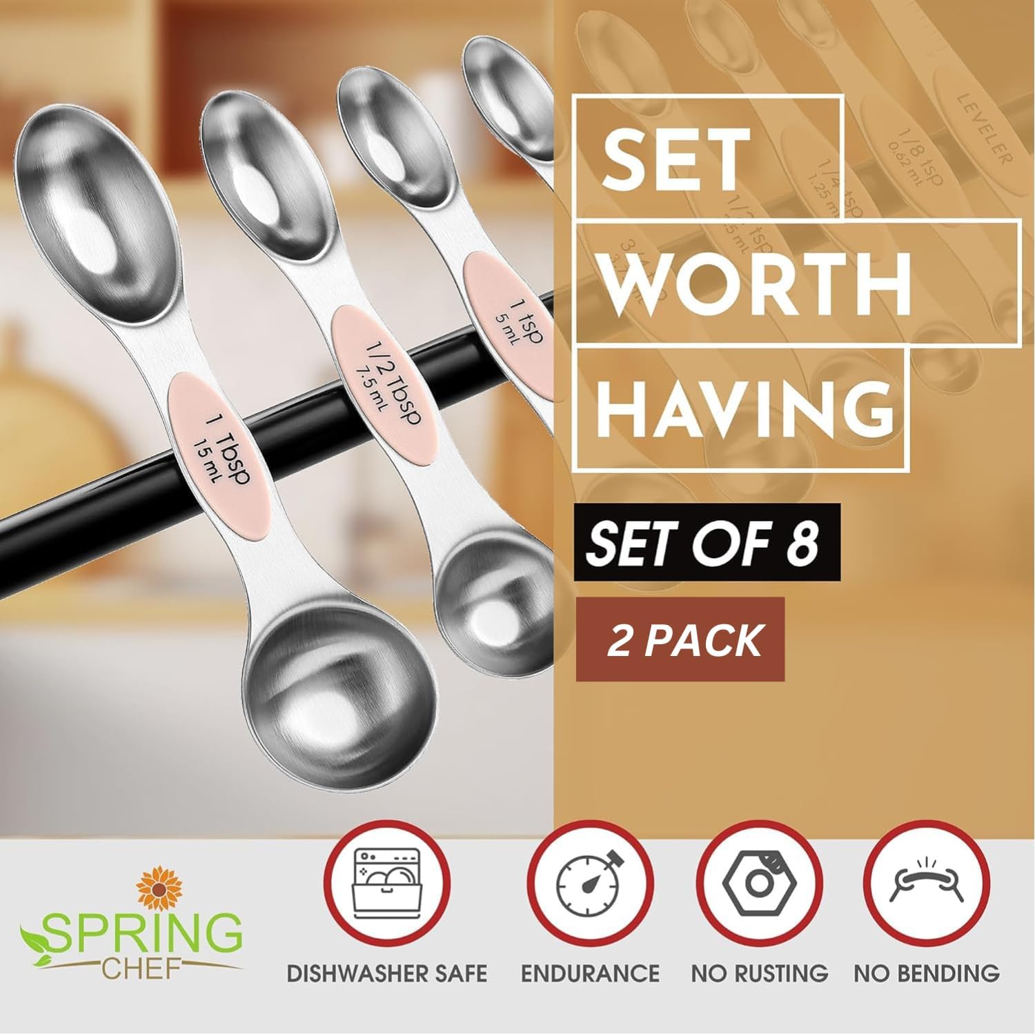 Spring Chef Magnetic Measuring Spoons Set with Strong N45 Magnets, Heavy Duty Stainless Steel Metal, Fits in Most Kitchen Spice Jars for Baking & Cooking, BPA Free, Black, Set of 8 with Leveler