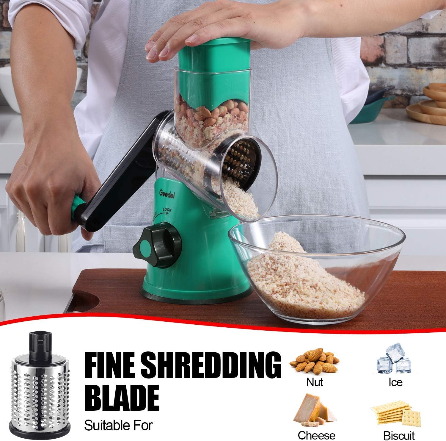 Geedel Rotary Cheese Grater, Kitchen Mandoline Vegetable Slicer with 3 Interchangeable Blades, Easy to Clean Grater for Fruit, Vegetables, Nuts