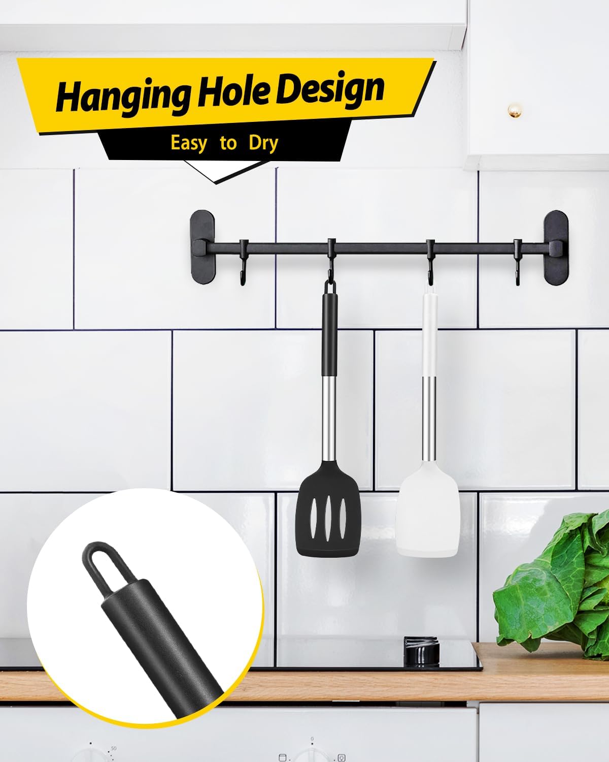 Pack of 2 Silicone Solid Turner,Non Stick Slotted Kitchen Spatulas,High Heat Resistant BPA Free Cooking Utensils,Ideal Cookware for Fish,Eggs,Pancakes (Black)