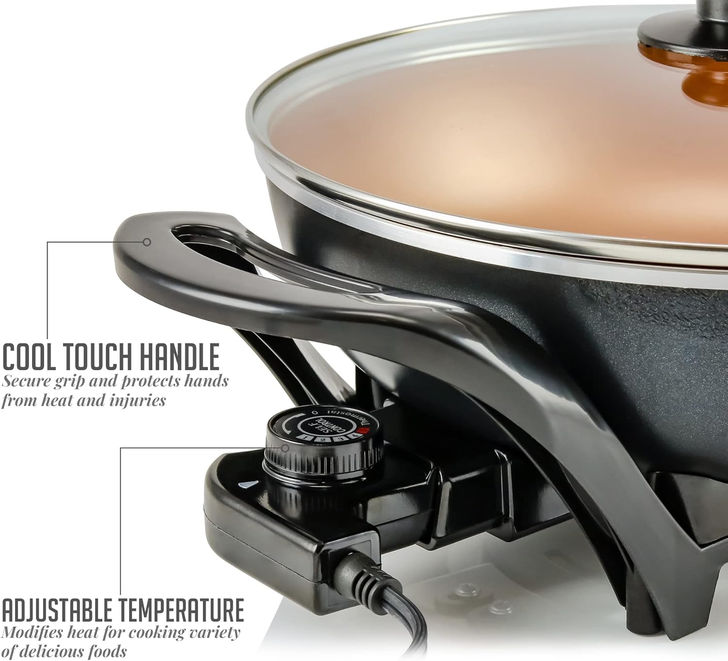 OVENTE 12 Inch Electric Skillet and Frying Pan with Nonstick Coating, 1400W Power, Adjustable Temperature Control, Tempered Glass Lid with Vent and Cool Touch Handles, Black SK11112B