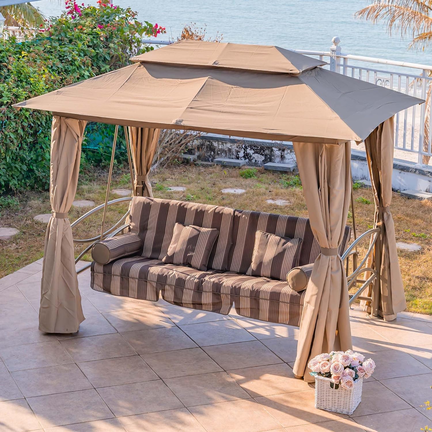 💖Clearance sale✨PURPLE LEAF 3 Person Outdoor Patio Porch Swing Gazebo with Netting & Gazebo Curtains with Canopy Swings for Adults