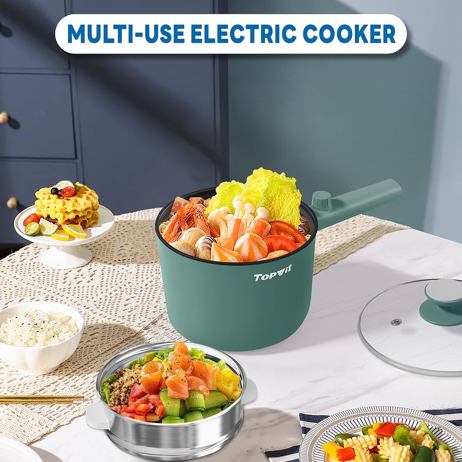 Topwit Hot Pot Electric, 1.5L Ramen Cooker, Portable Non-Stick Frying Pan, Electric Pot for Pasta, Steak, BPA Free, Electric Cooker with Dual Power Control, Over-Heating & Boil Dry Protection, Black