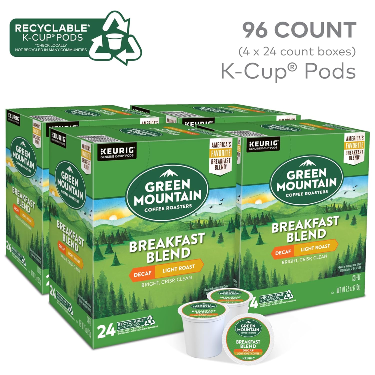 Green Mountain Coffee Roasters Breakfast Blend Single-Serve Keurig K-Cup Pods, Light Roast Coffee, 96 Count