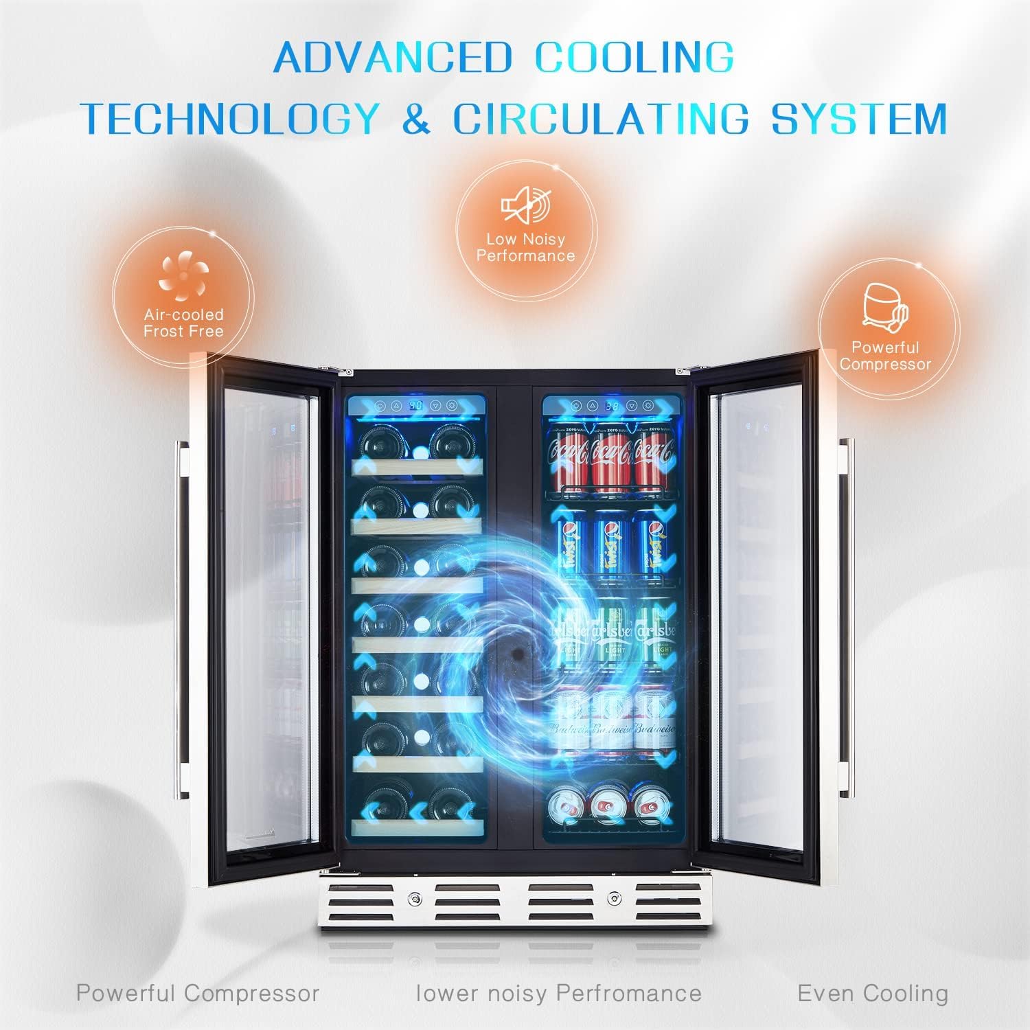 Kalamera 24 inch Wine Cooler, 46 Bottle - Dual Zone Built-in or Freestanding Fridge with Stainless Steel Reversible Glass Door, for Home, Kitchen, or Office.