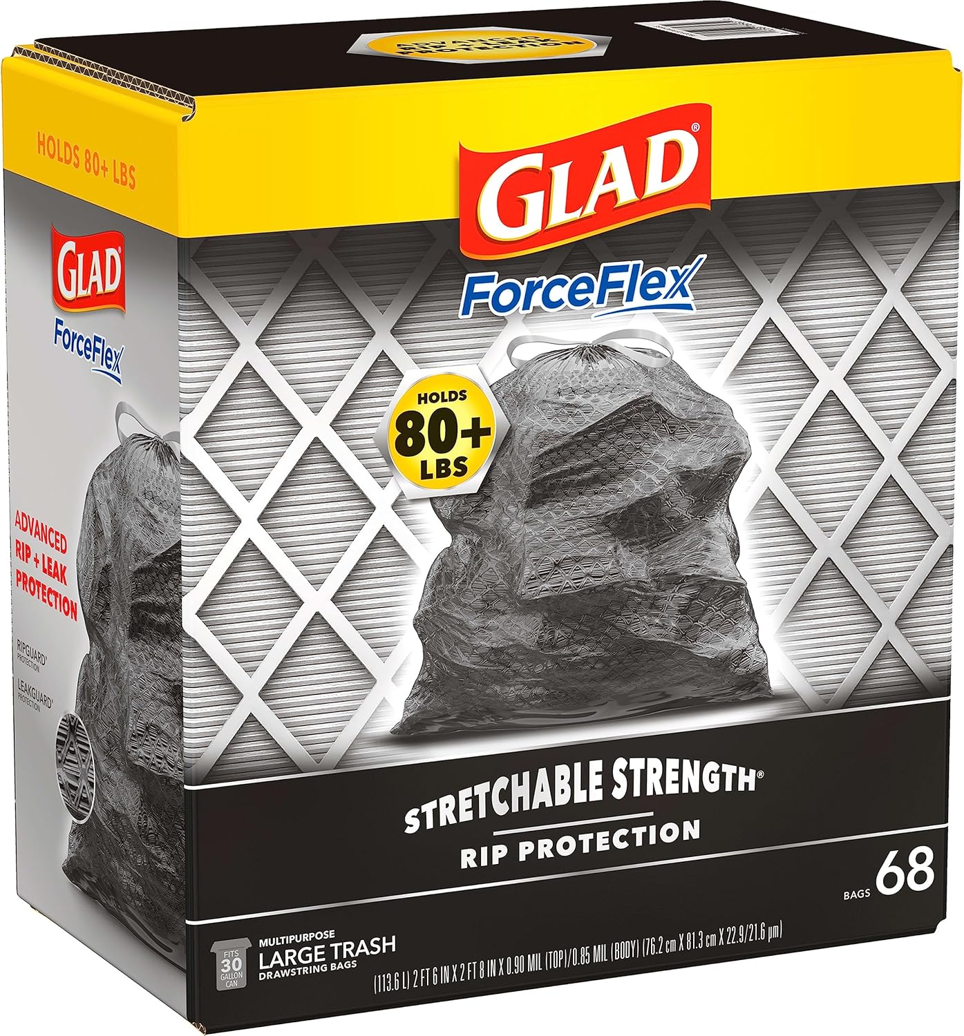 Glad Large Drawstring Trash Bags, ForceFlex 30 Gallon Black Trash Bags, 50 Count (Package May Vary)