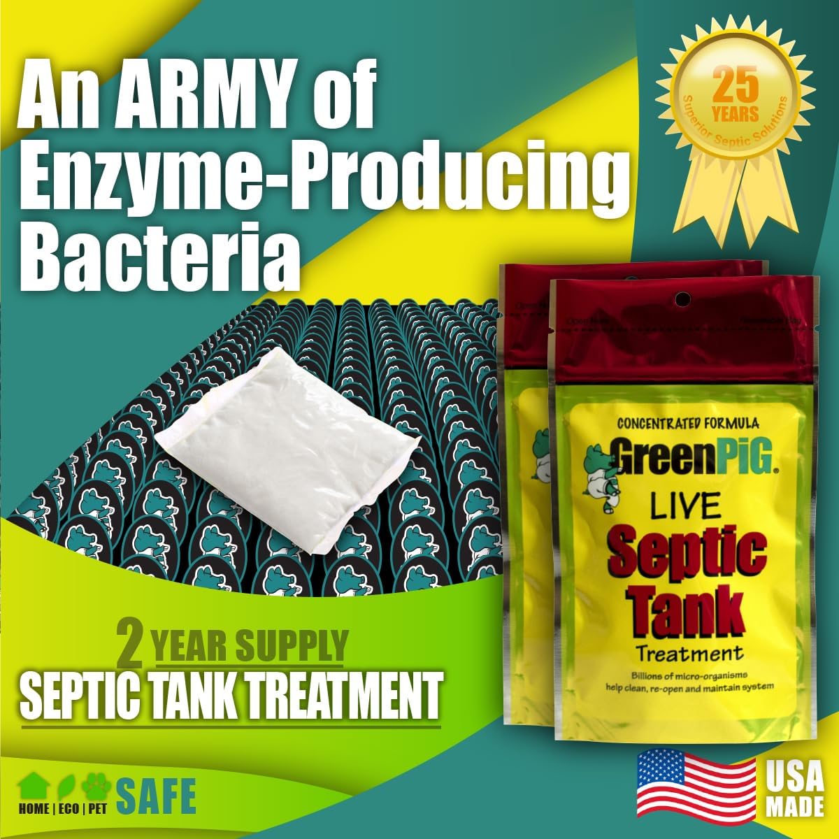Green Pig 52 Live Septic Tank Treatment Ultimate Solution in Preventing Expensive Backups, Clogs, or Drain Field Failures with 4-Easy Drop-in and Flush, 1-Year Supply- 4 Packets, 4 Count