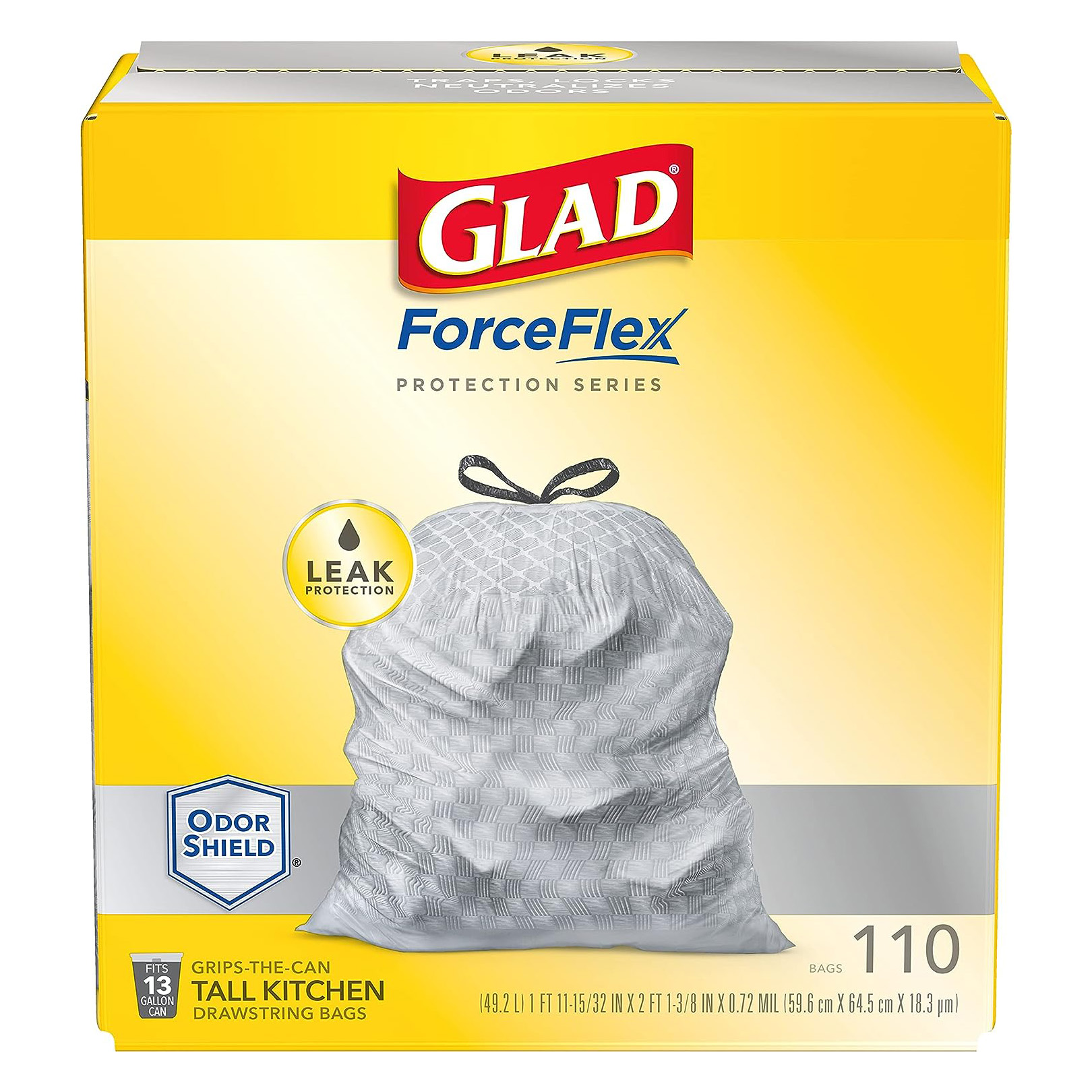 GLAD ForceFlex Tall Kitchen Drawstring Trash Bags, 13 Gallon Grey Trash Bag for Kitchen Trash Can, Odor Shield, Odor Eliminator and Leak Protection, 110 Count
