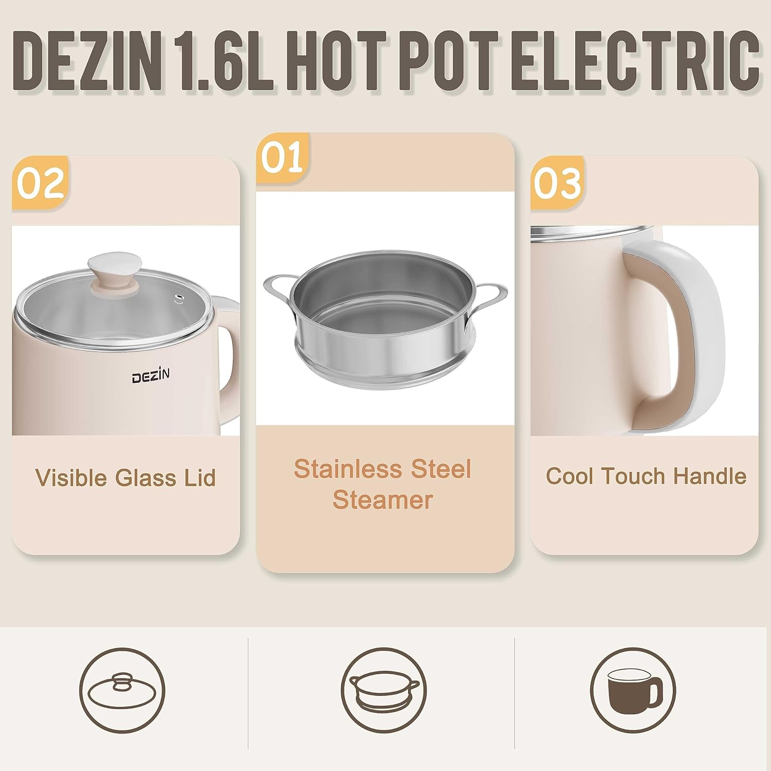 Dezin Electric Pot, 1.6L Ramen Cooker, Hot Pot Electric Stainless Steel, Multifunctional Electric Cooker for Egg, Pasta, Soup, Porridge, Oatmeal with Temperature Control and Keep Warm Function
