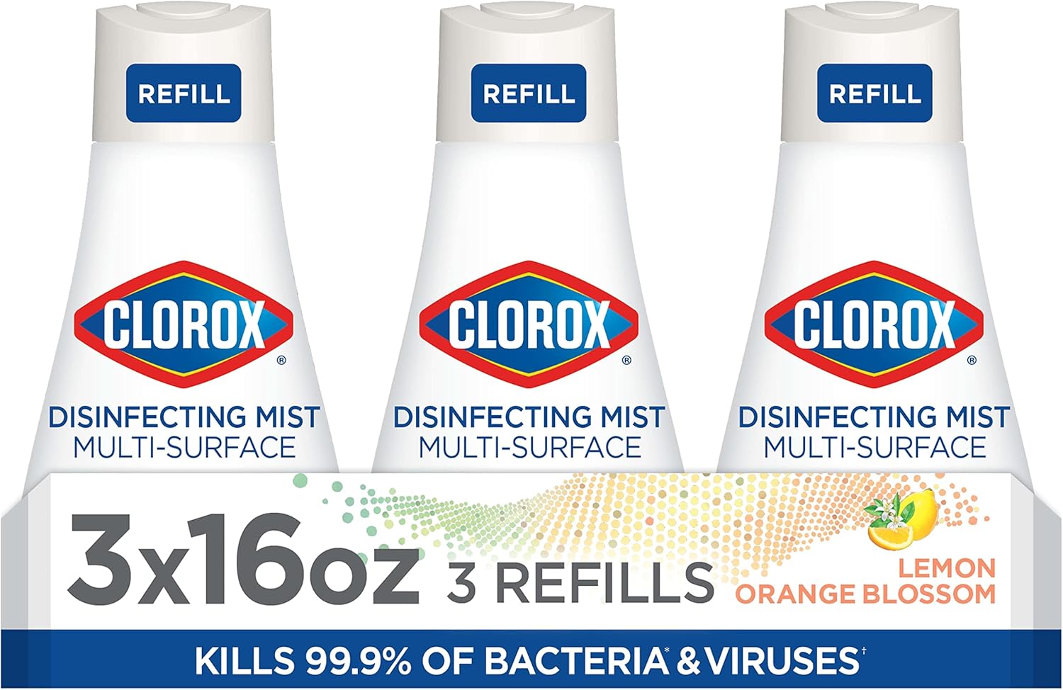 Clorox Disinfecting Mist, Lemon and Orange Blossom, Household Essentials, 1 Spray Bottle and 1 Refill, 16 Fl Oz Each