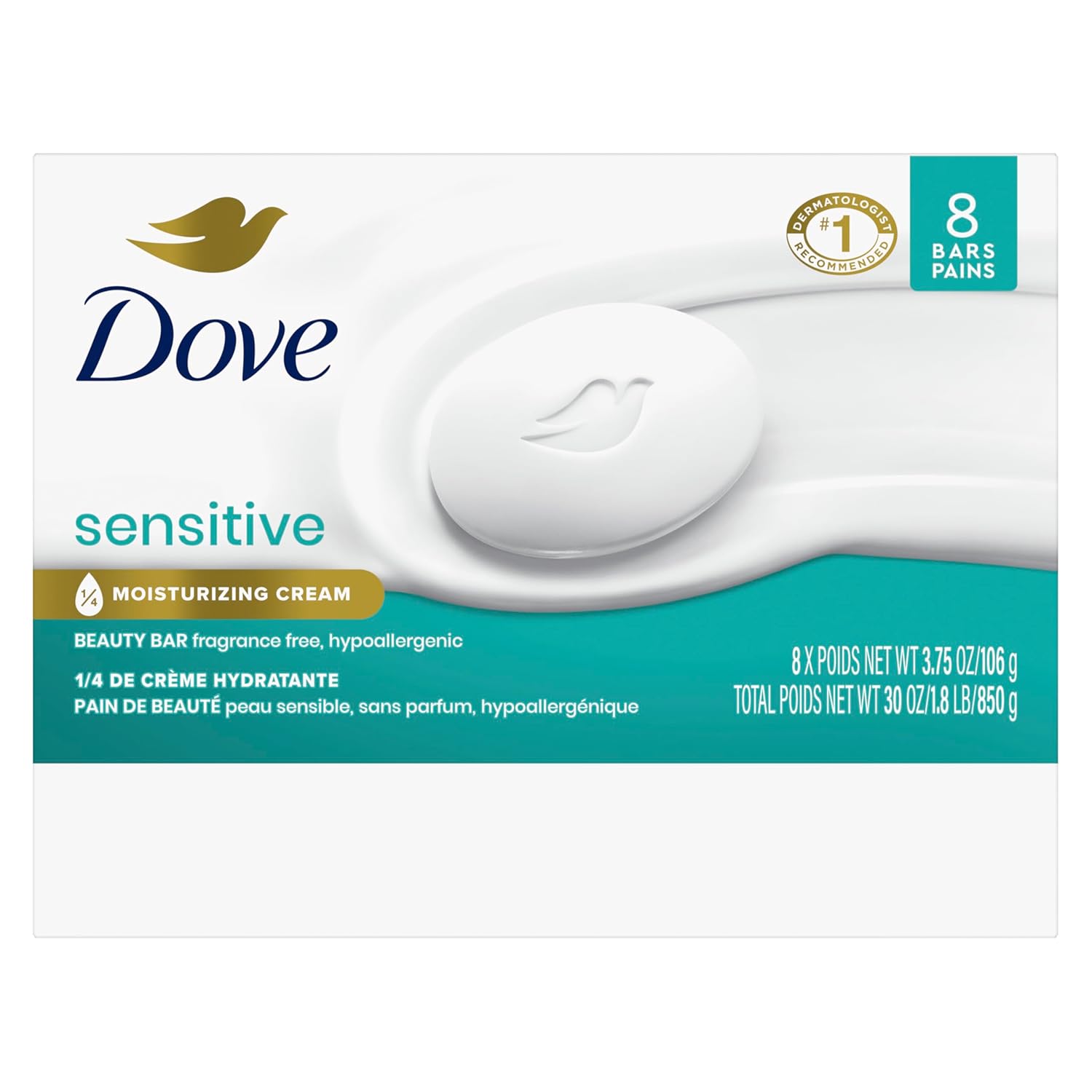 Dove Beauty Bar More Moisturizing Than Bar Soap for Softer Skin, Fragrance-Free, Hypoallergenic Beauty Bar Sensitive Skin With Gentle Cleanser 3.75 oz 14 Bars