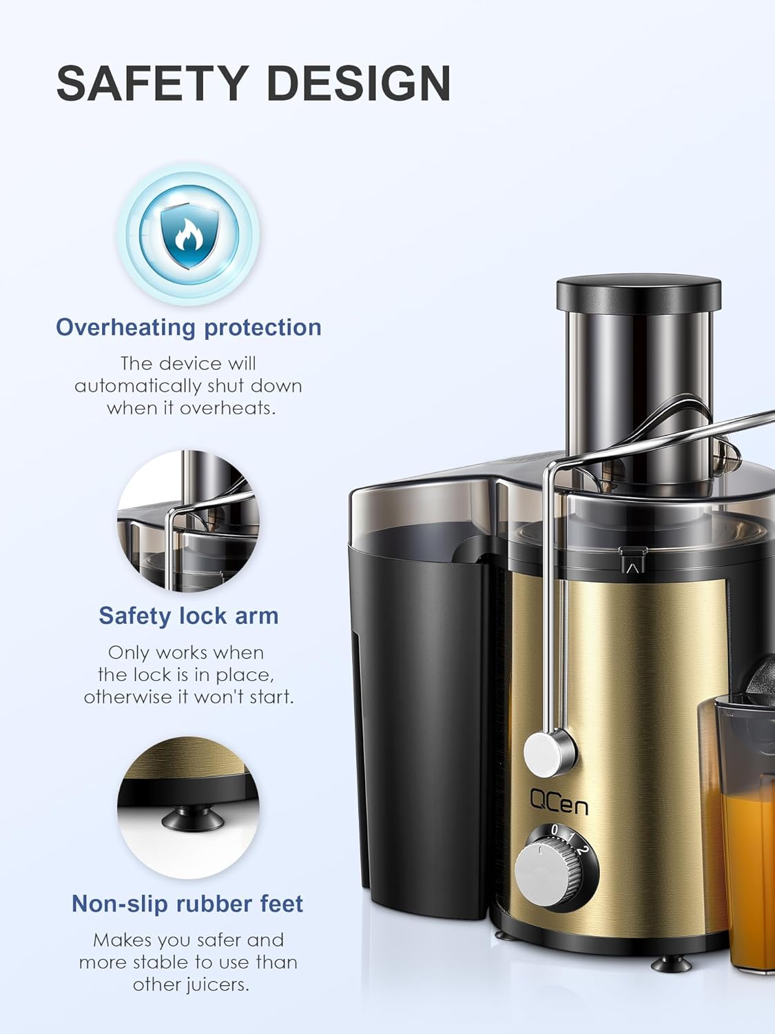 Qcen Juicer Machine, 800W Centrifugal Juicer Extractor with Wide Mouth 3” Feed Chute for Fruit Vegetable, Easy to Clean, Stainless Steel, BPA-free (Black)