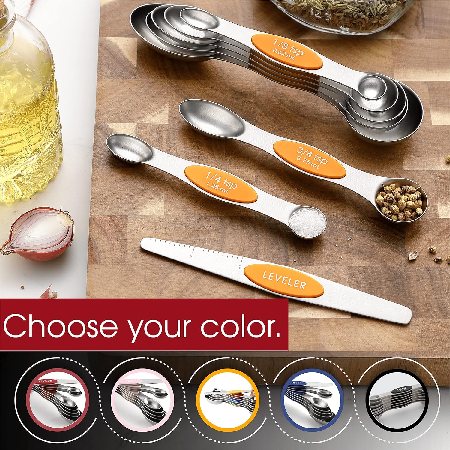 Spring Chef Magnetic Measuring Spoons Set with Strong N45 Magnets, Heavy Duty Stainless Steel Metal, Fits in Most Kitchen Spice Jars for Baking & Cooking, BPA Free, Black, Set of 8 with Leveler