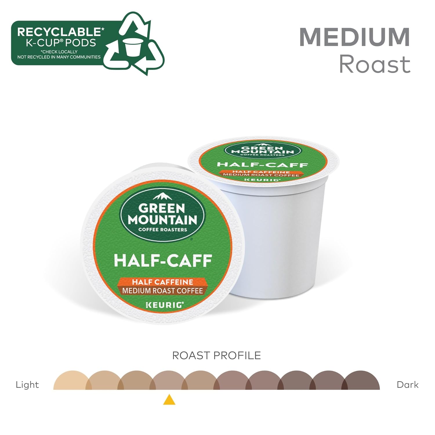 Green Mountain Coffee Roasters Half Caff Keurig Single-Serve K-Cup pods, Medium Roast Coffee, 72 Count (6 Packs of 12)