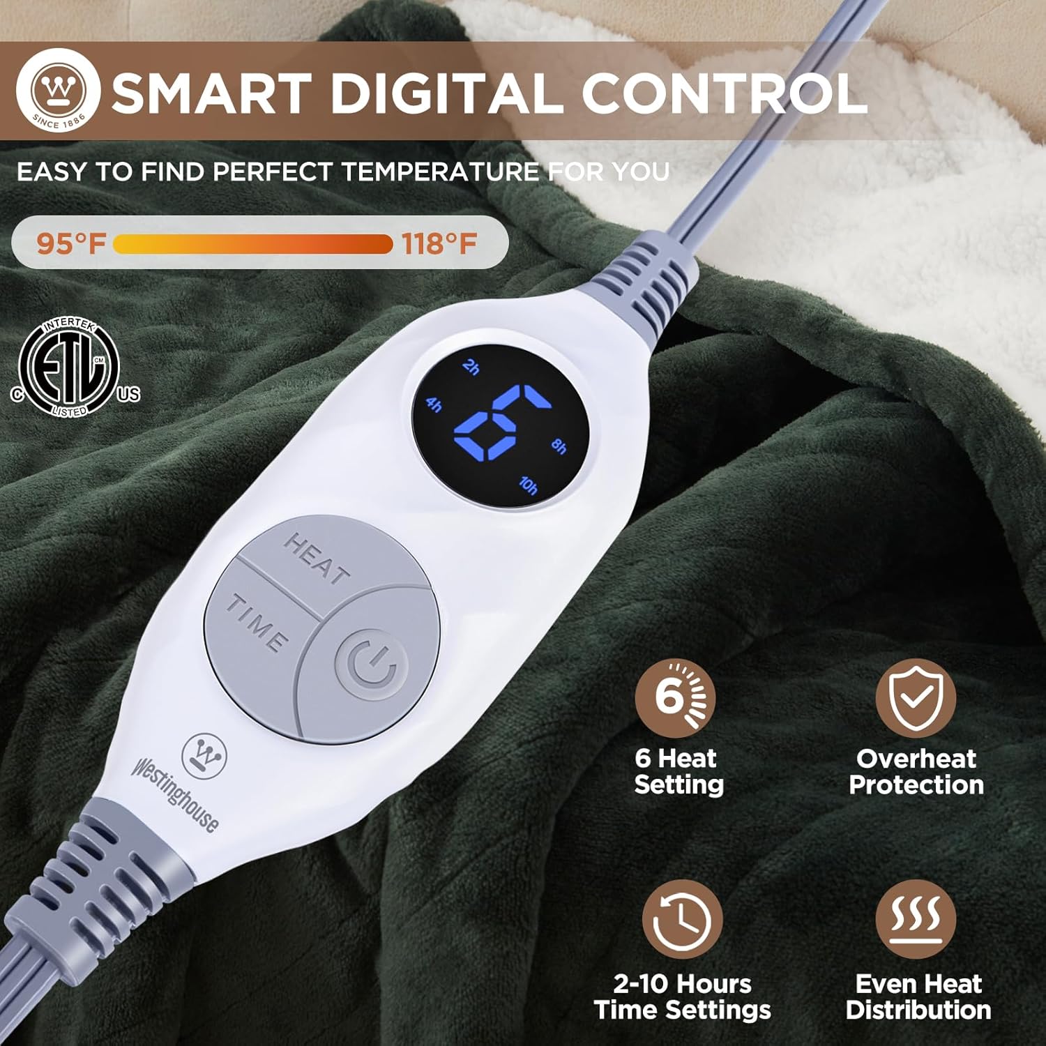 Westinghouse Heated Throw Blanket, Soft Flannel to Sherpa Electric Throw with 6 Heating Levels, 2-10 Hours Time Settings, Fast Heating, Machine Washable 50x60 Inch, Charcoal