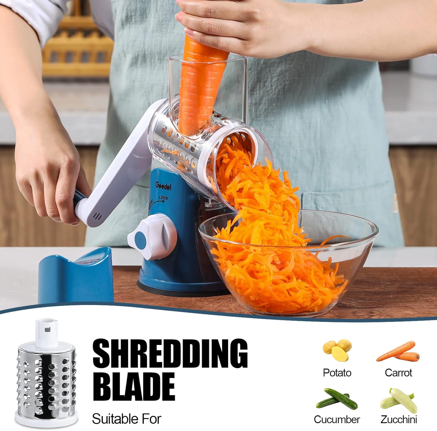 Geedel Rotary Cheese Grater, Kitchen Mandoline Vegetable Slicer with 3 Interchangeable Blades, Easy to Clean Grater for Fruit, Vegetables, Nuts
