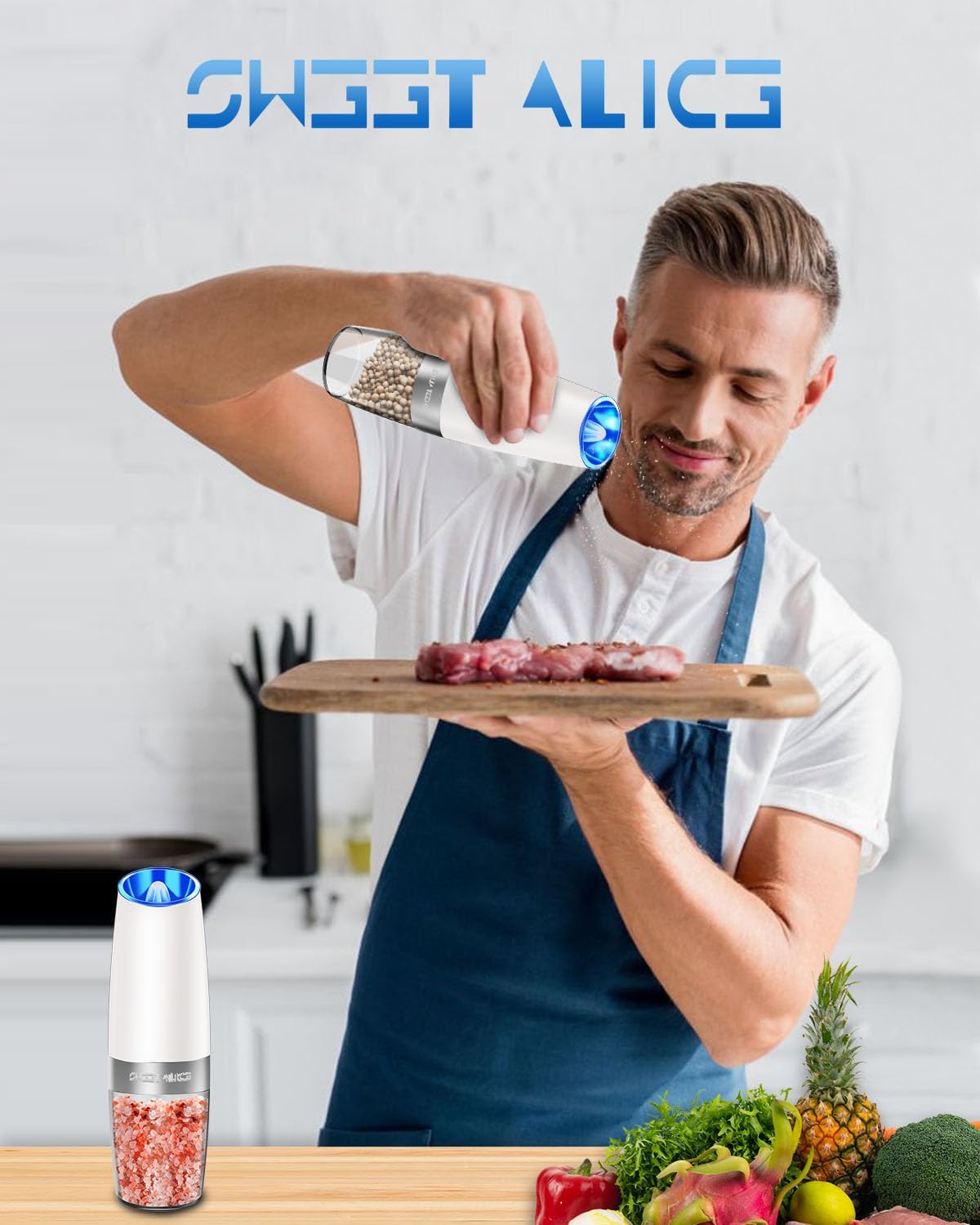 Sweet Alice Gravity Electric Pepper and Salt Grinder Set, Adjustable Coarseness, Battery Powered with LED Light, One Hand Automatic Operation, Stainless Steel Black, 2 Pack