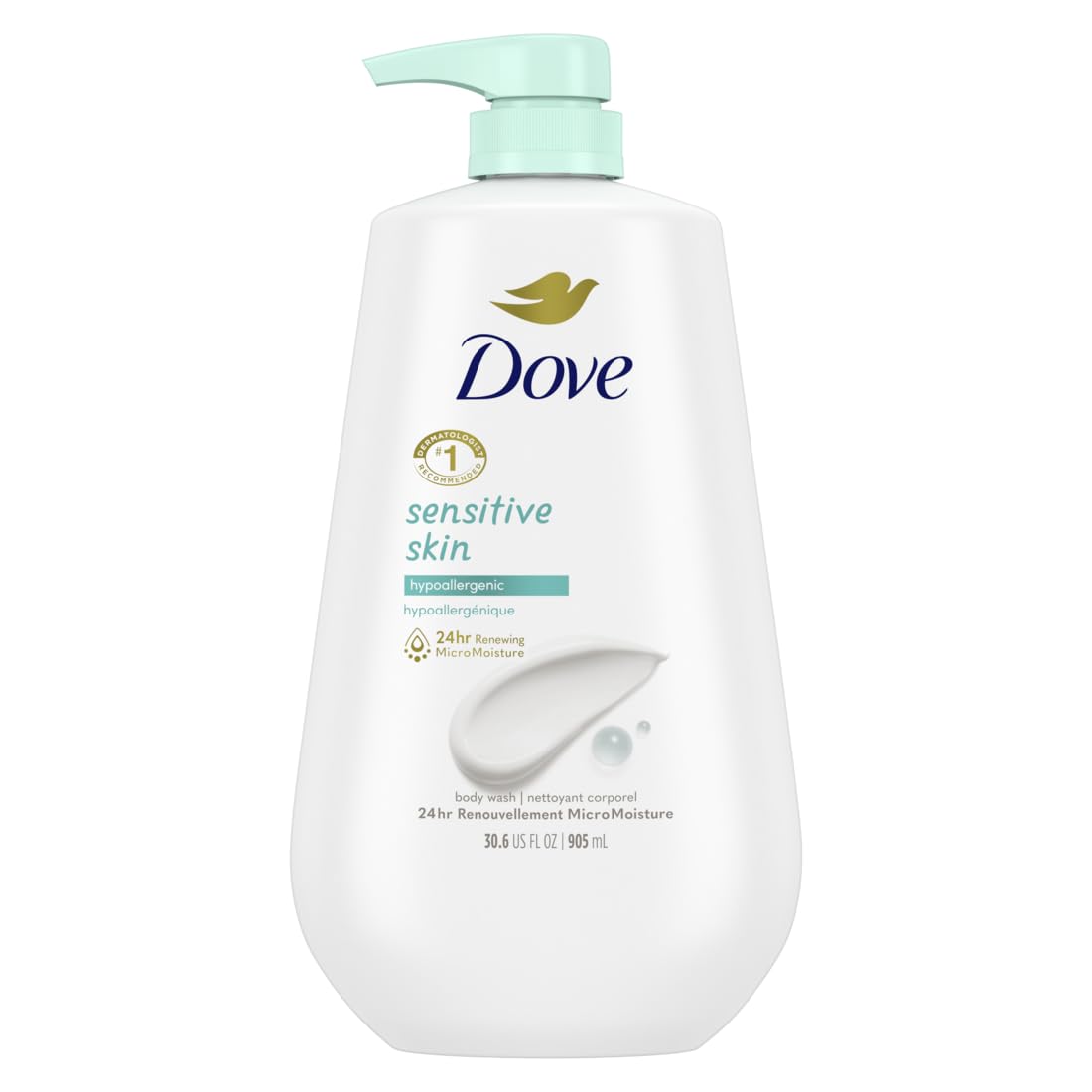 Dove Body Wash 3 Count with Pump Sensitive Skin Hypoallergenic, Paraben-Free, Sulfate-Free, Cruelty-Free, Moisturizing Skin Cleanser Effectively Washes Away Bacteria While Nourishing Skin 30.6 oz