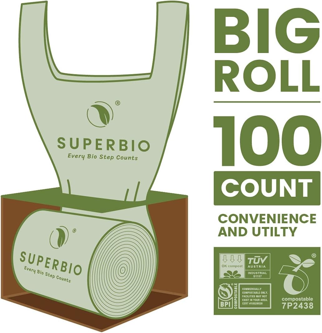 SUPERBIO 1.6 Gallon Handle Tie Compostable Food Scrap Bags For Counter Top Compost Bin, Small Compost Bags, 50 Count, 6 Liter, BPI & OK compost INDUSTRIAL Certified