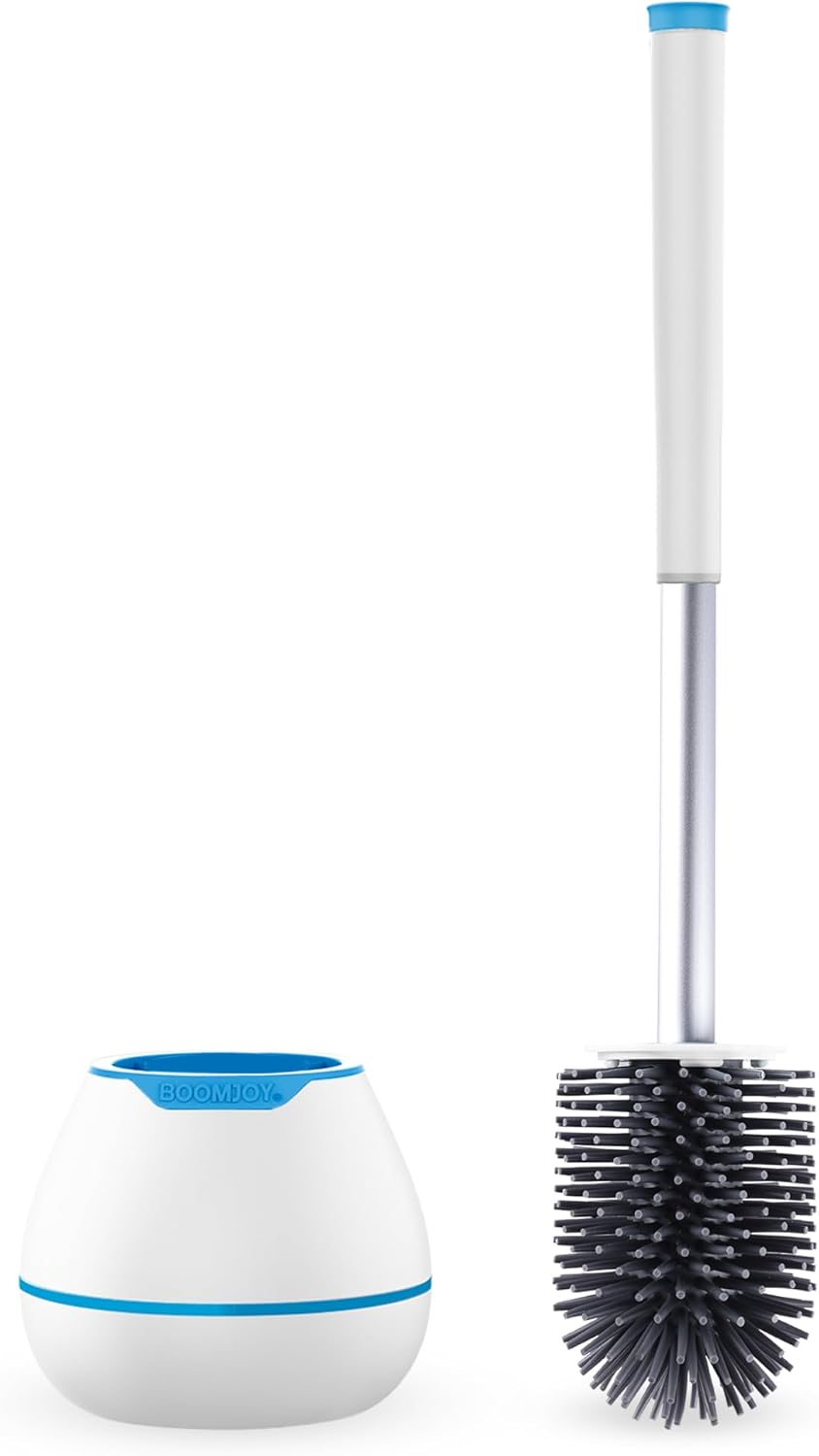 BOOMJOY Toilet Brush and Holder Set, Silicone Toilet Bowl Cleaner Brush, Bathroom Cleaning Bowl Brush Kit with Tweezers, Bathroom Accessories with Aluminum Handle - White