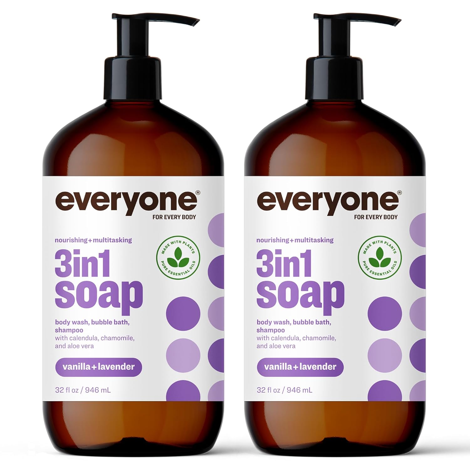 Everyone 3-in-1 Soap, Body Wash, Bubble Bath, Shampoo, 32 Ounce (Pack of 2), Lavender and Aloe, Coconut Cleanser with Organic Plant Extracts and Pure Essential Oils (Packaging May Vary)