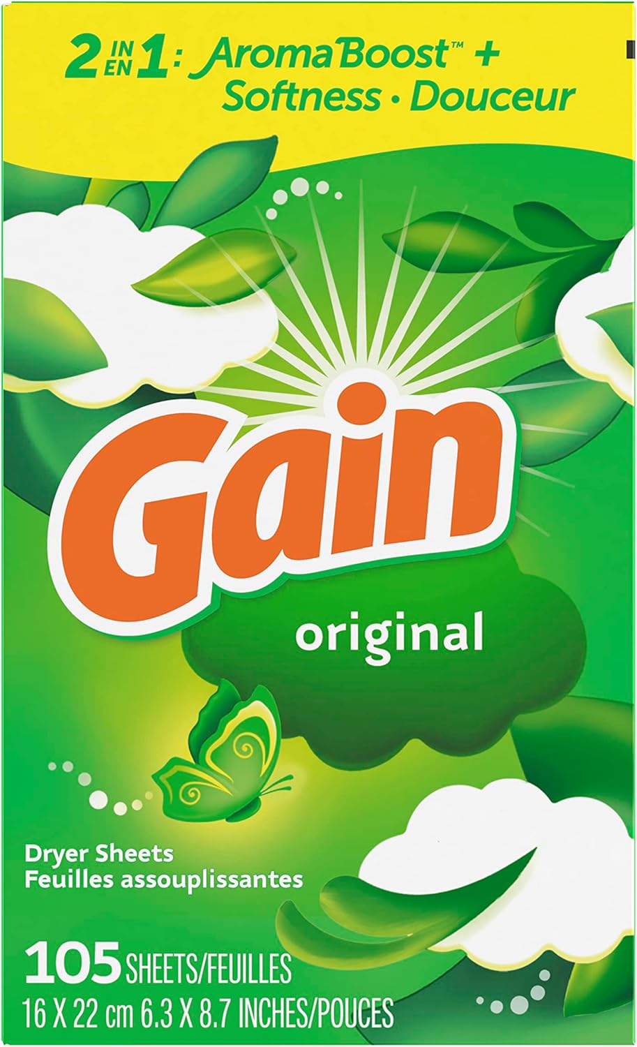 Gain Dryer Sheets, 240 Count, Original Scent Laundry Fabric Softener Sheets with 2-in-1 Aromaboost Plus Softness