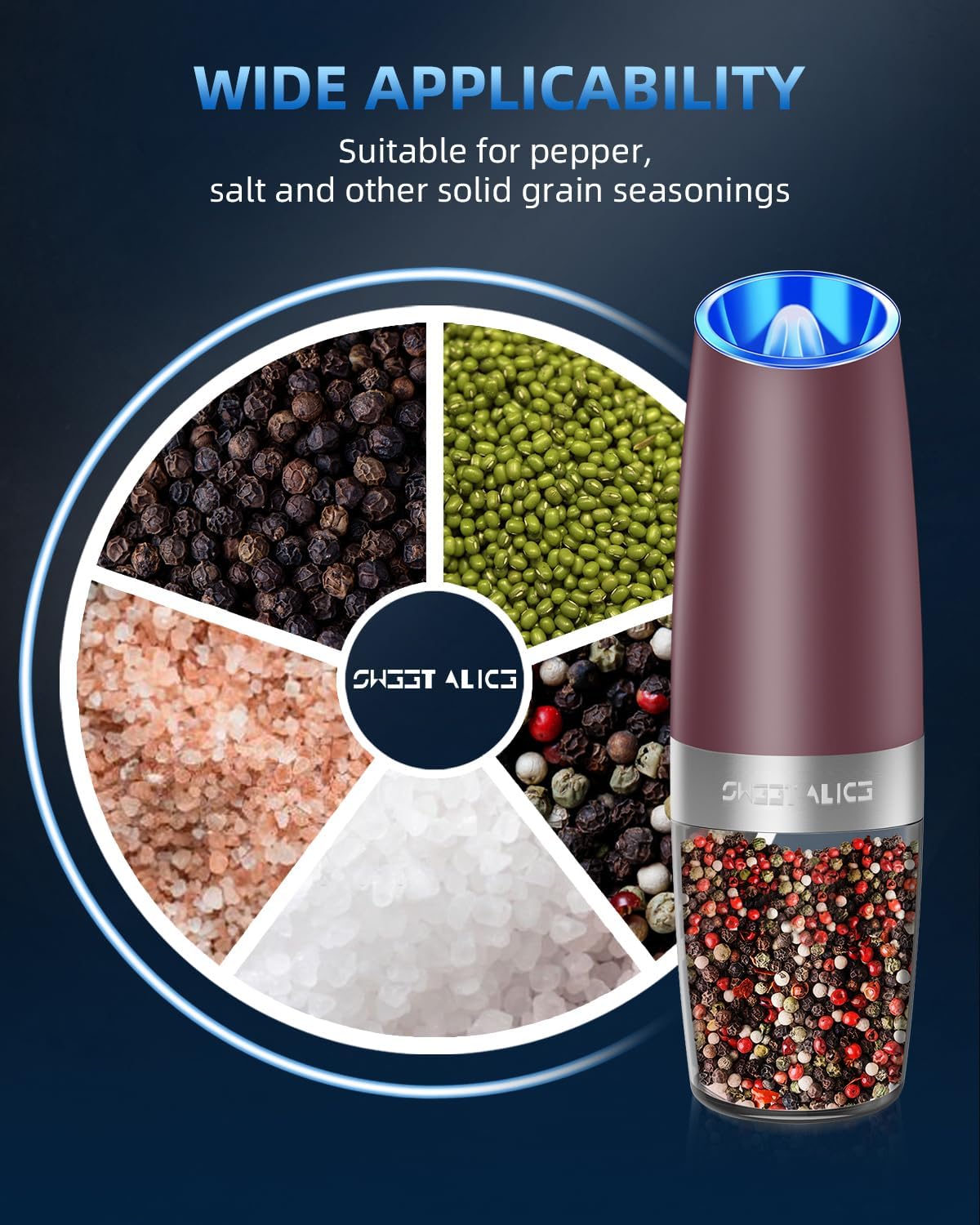Sweet Alice Gravity Electric Pepper and Salt Grinder Set, Adjustable Coarseness, Battery Powered with LED Light, One Hand Automatic Operation, Stainless Steel Black, 2 Pack
